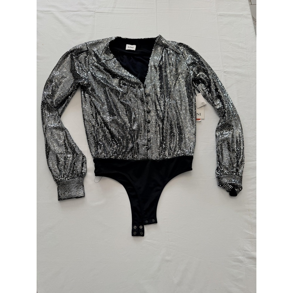 LINI Piper Bodysuit Womens XS Silver Black Sequin Mesh Long Sleeve One Piece